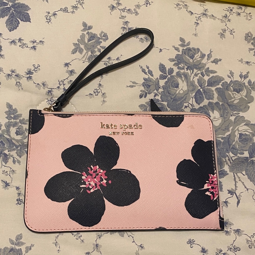kate spade Pink Floral Wristlet with Black Strap